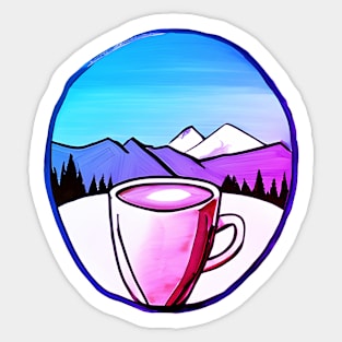 Watercolor Coffee And Mountains Pink, Retro Drink Coffee Outdoors, Cool hiker gift Sticker